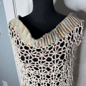 Vintage Crochet Mini Dress Hand Made Boho Festival Layering Rainbow Cream Sz Med